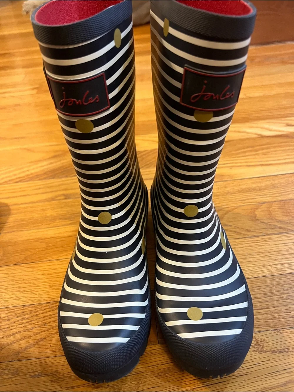 Joules Navy & White Striped Molly Welly Rain Boots with Gold Dots and Red Trim